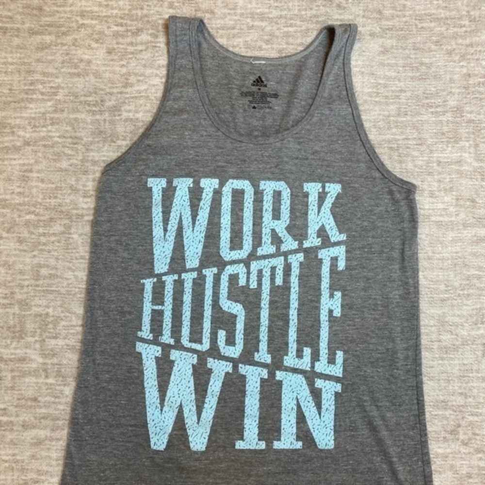 Adidas women's gray and blue tank top "Work Hustle Win" size medium